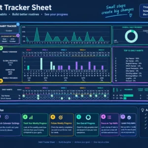 Personal Habit Tracker Google Sheets template overview with dashboard, habits, charts, and setup guidance